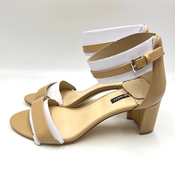 10W 10 WIDE WIDTH Nine West Pruce Nude Beige Tan Leather Heel Sandals Shoes - Picture 5 of 12